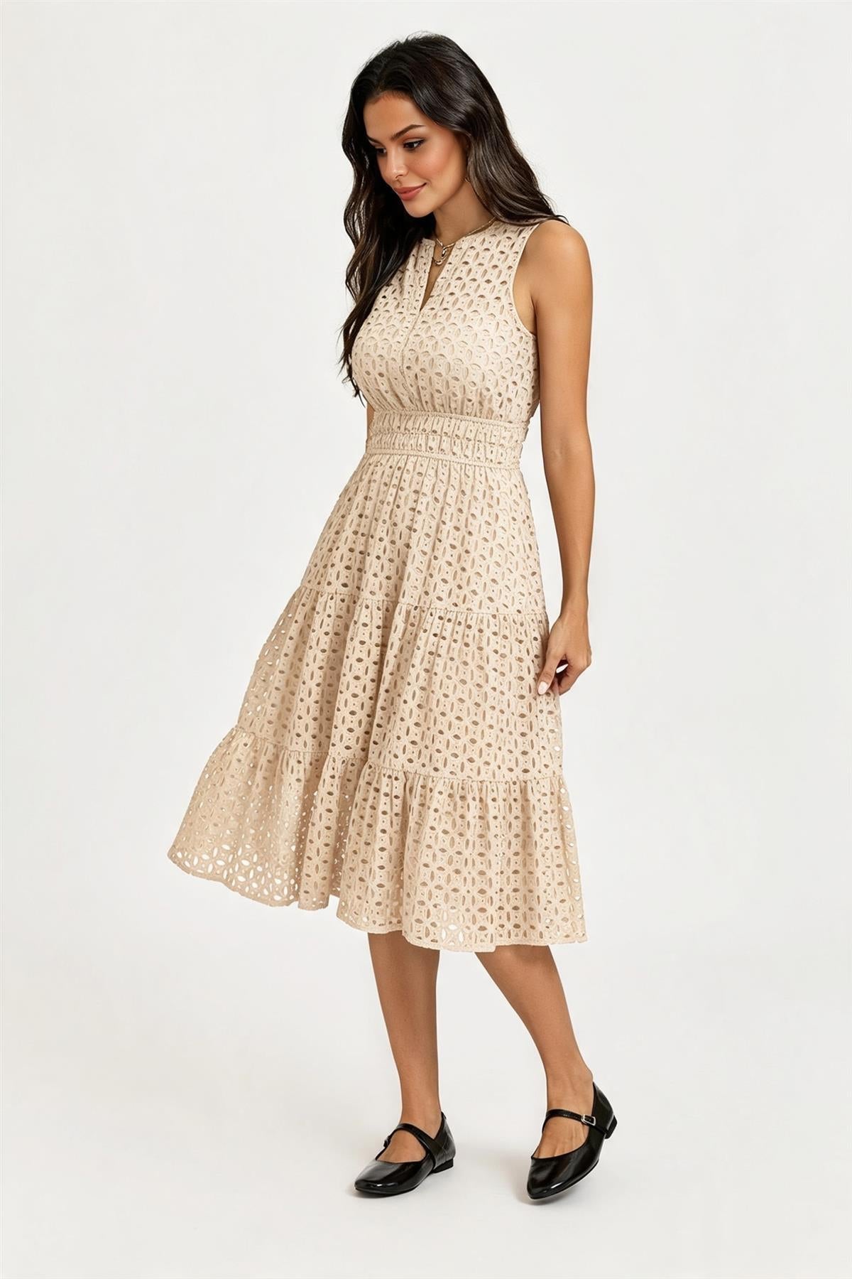 Sleeveless Broderie Anglaise Midi Dress In Off White