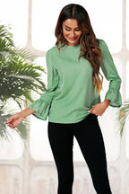 Polka Dot Print Frill Detail Cuff Top In Green