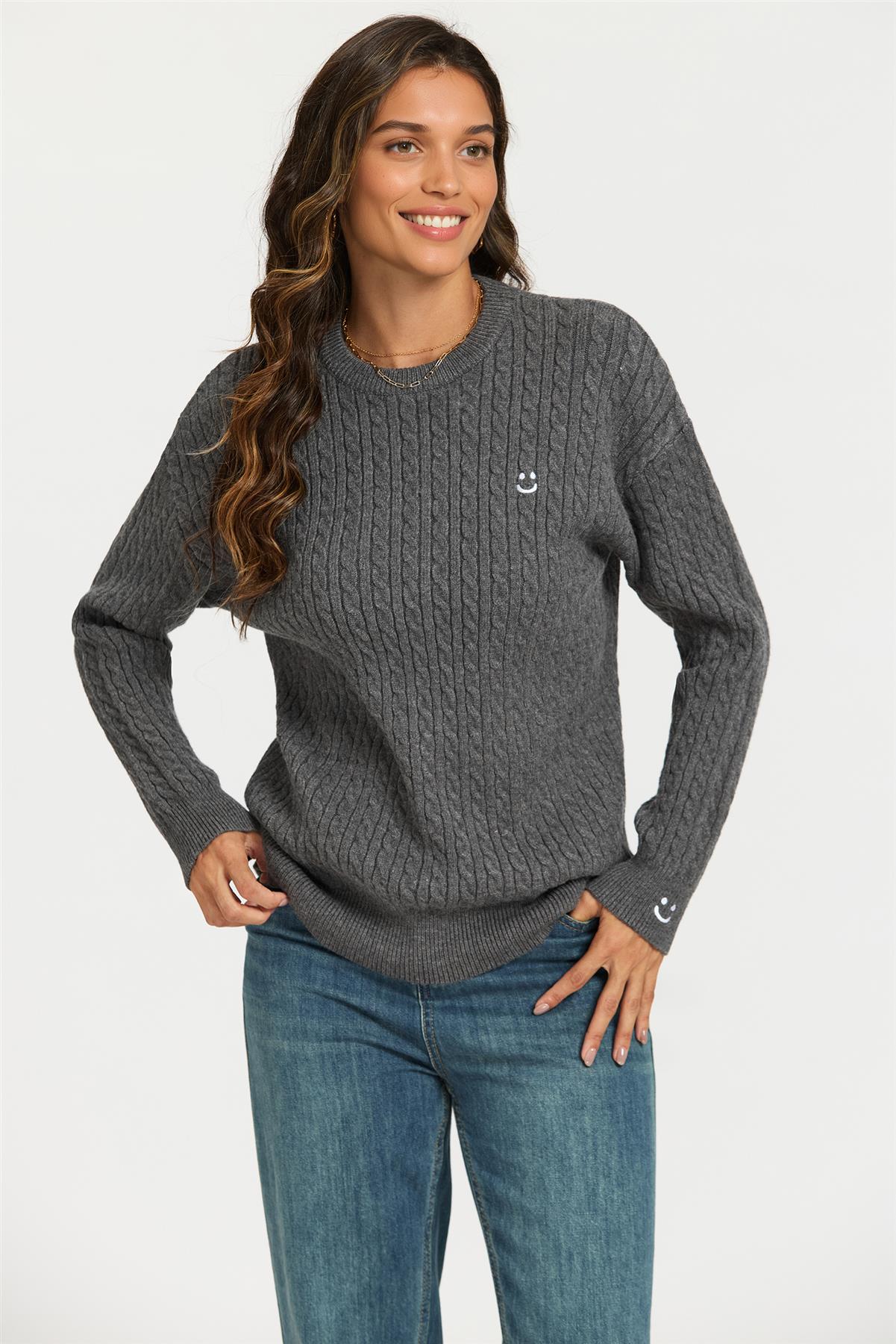 Smiley Face Embroidery Jumper Top In Dark Grey