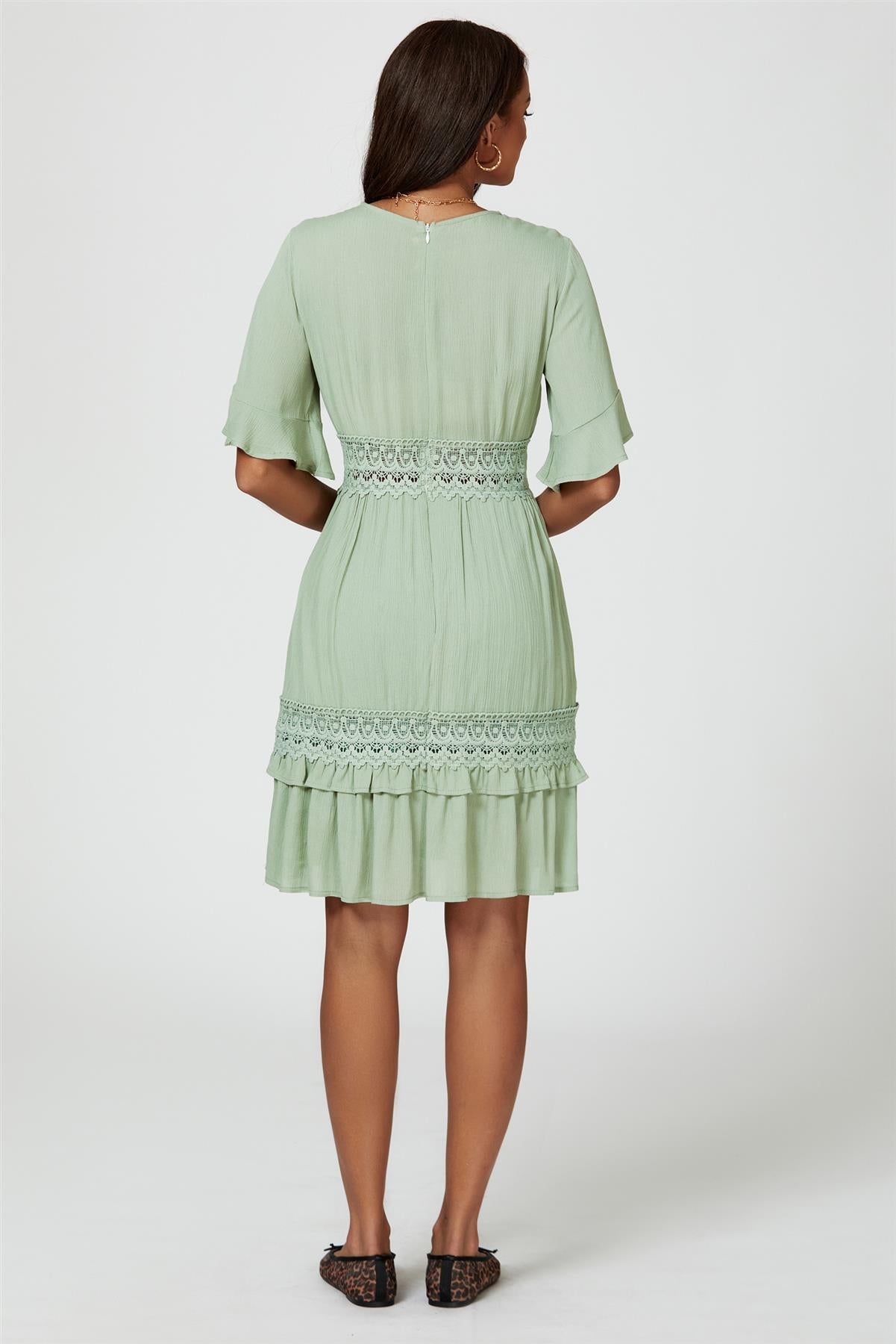 V Neck Lace Mini Dress In Green