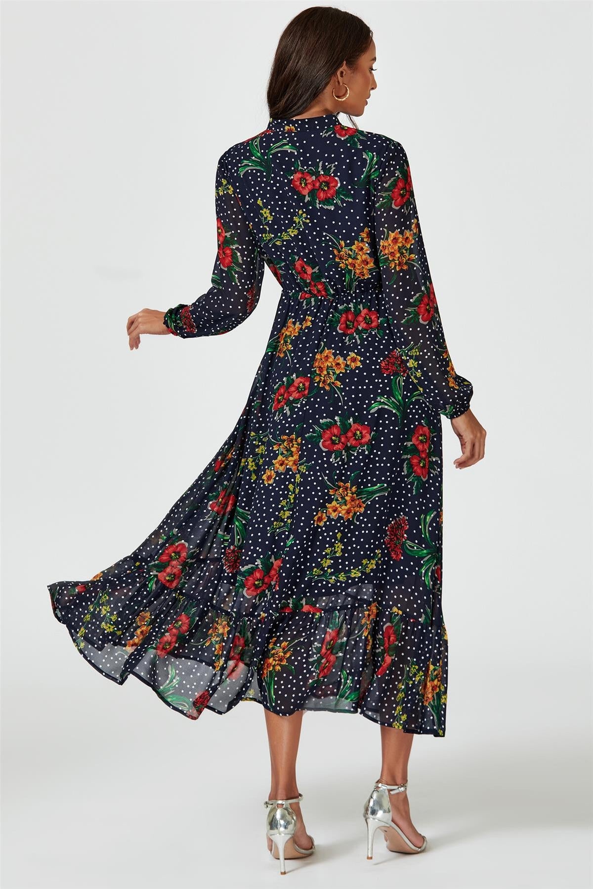 Robe longue à imprimé floral à pois marine