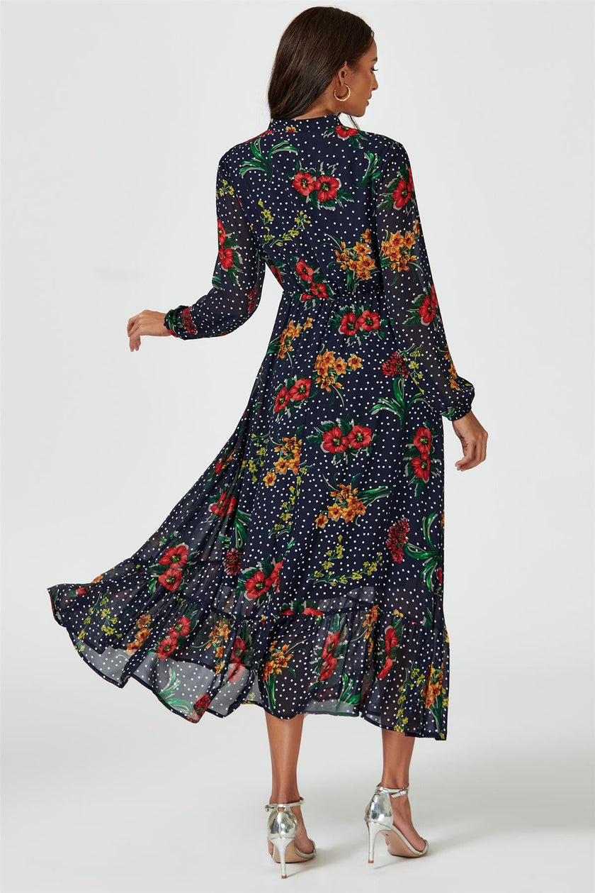 Robe longue à imprimé floral à pois marine