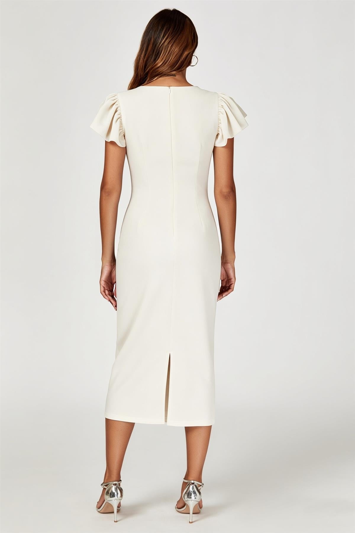 Volume Sleeve Bodycon Midi Dress In Off White