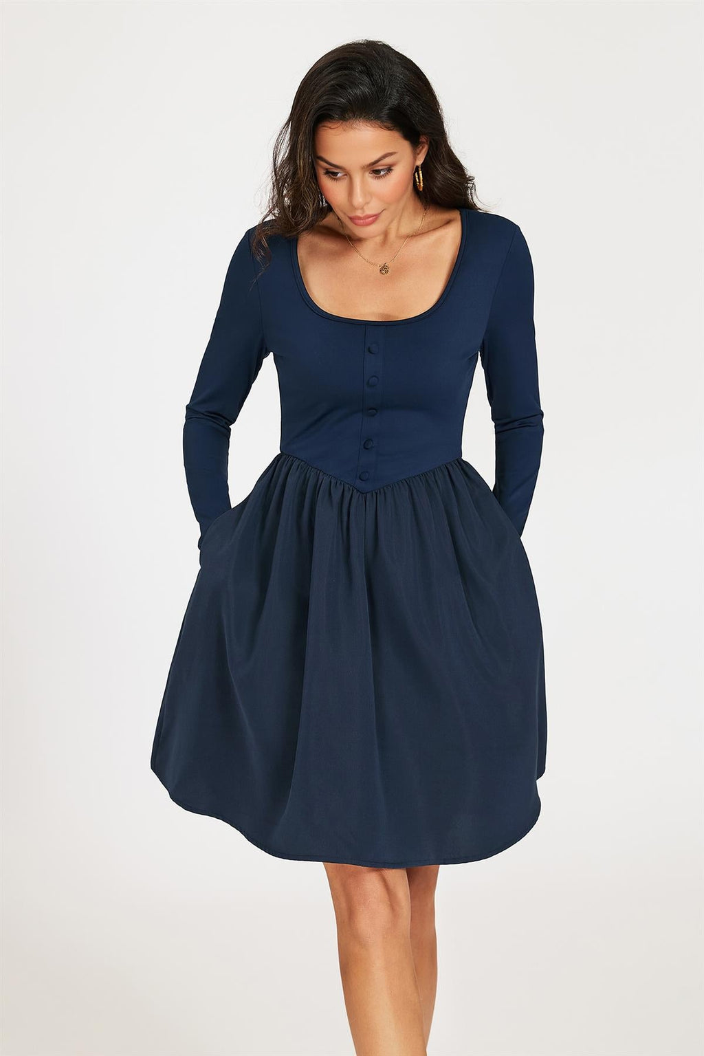 Square Neck Button Detail Long Sleeve Mini Dress In Navy