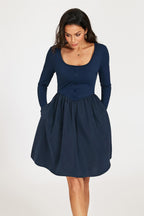 Square Neck Button Detail Long Sleeve Mini Dress In Navy