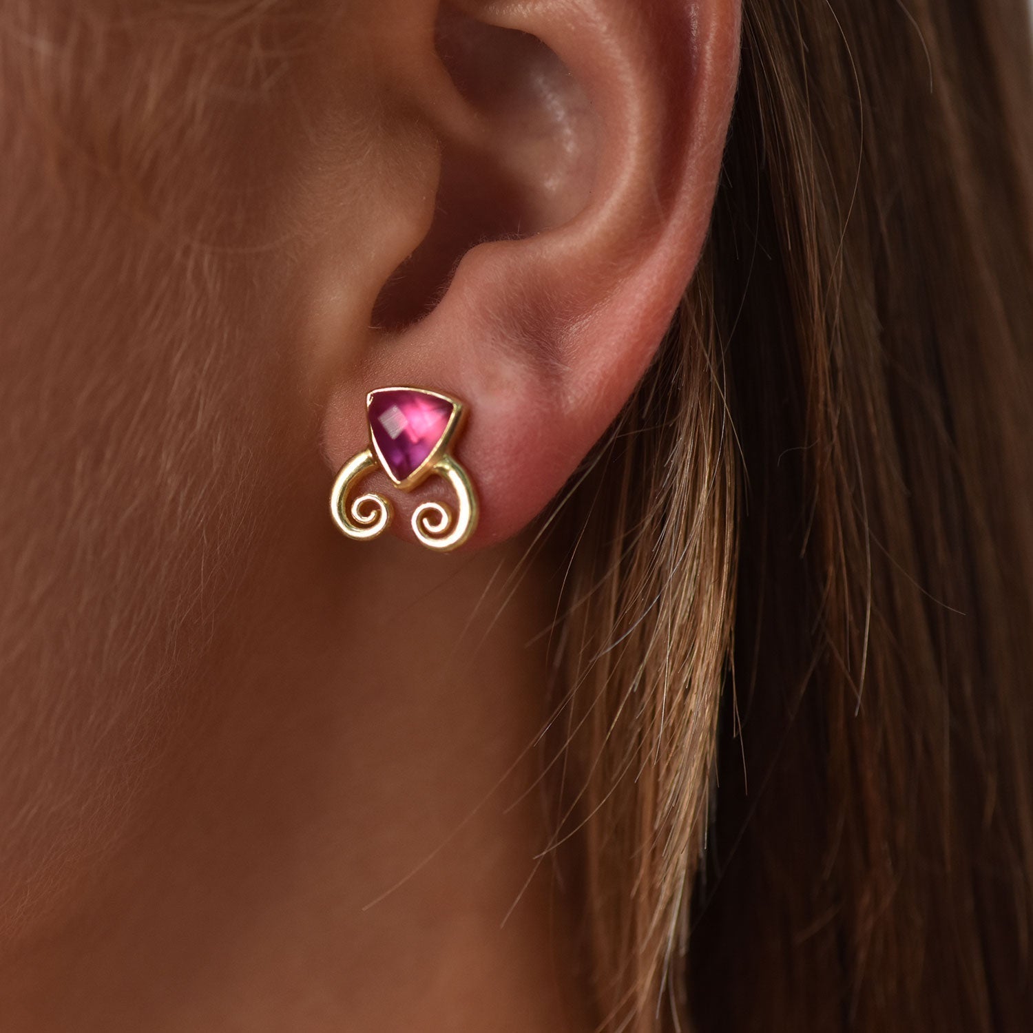 Trillion Doublet and Scroll Studs: Mother of Pearl with Pink Doublets