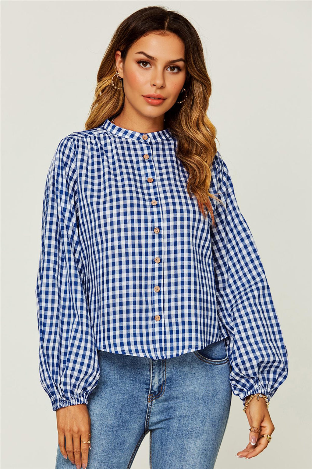 Gingham Print Band Collar Blouse Top In Blue