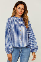Gingham Print Band Collar Blouse Top In Blue