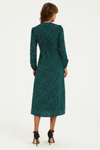 Dot Print Long Sleeve Button Front Midi Dress In Green