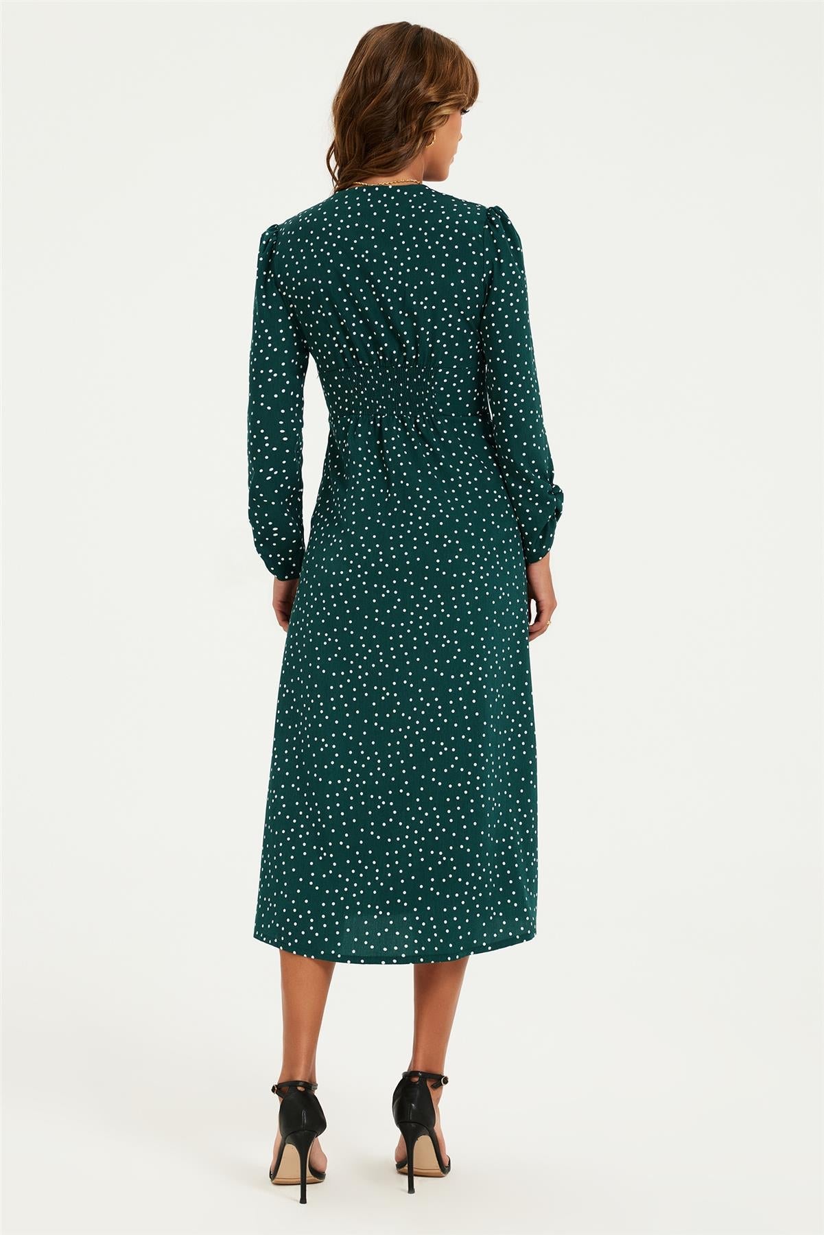 Dot Print Long Sleeve Button Front Midi Dress In Green