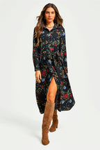 Black Floral Print Shirt Midi Dress With Tie Waist + Gold Stretch Leaf Belt