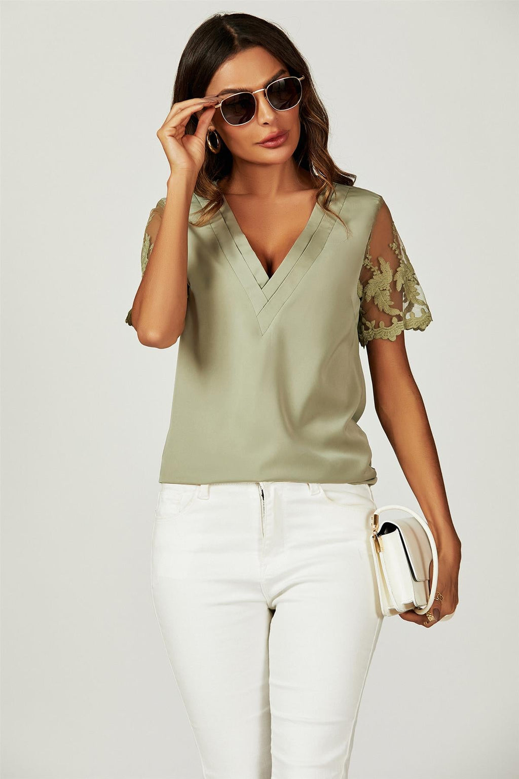 Lace Short Sleeve v Neck Blouse Top In Olive