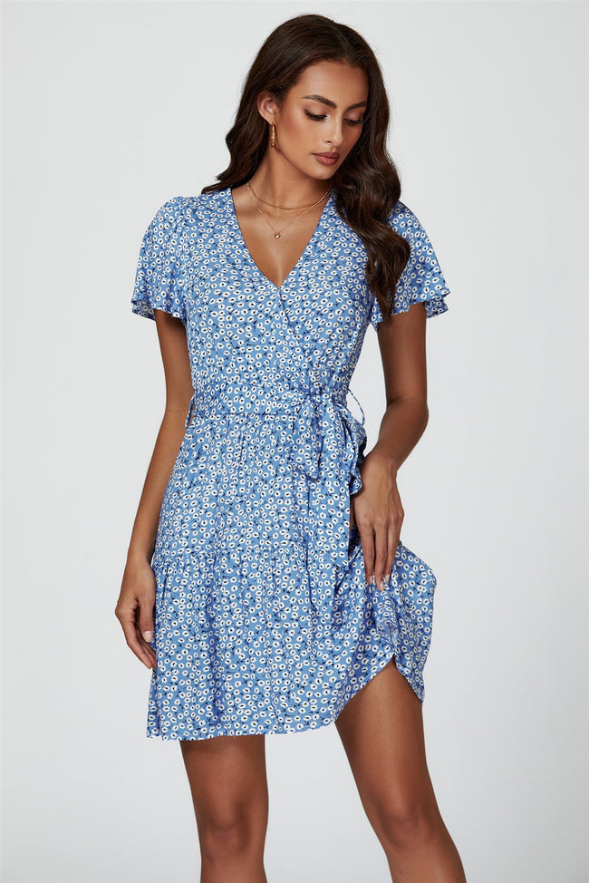 Mini-robe portefeuille étagée bleue à imprimé floral