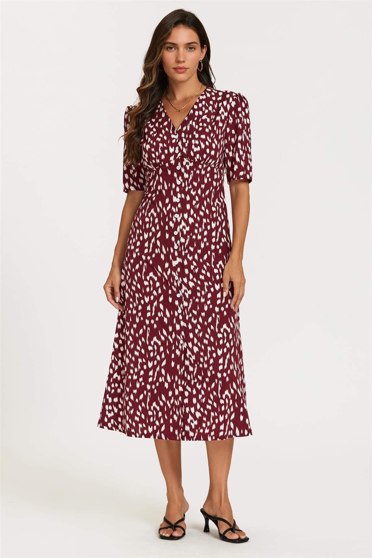 Brushstroke Print Button Front Midi Dress In Burgundy