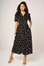 Dot Print Button Front Midi Dress In Black With Puff Sleeves