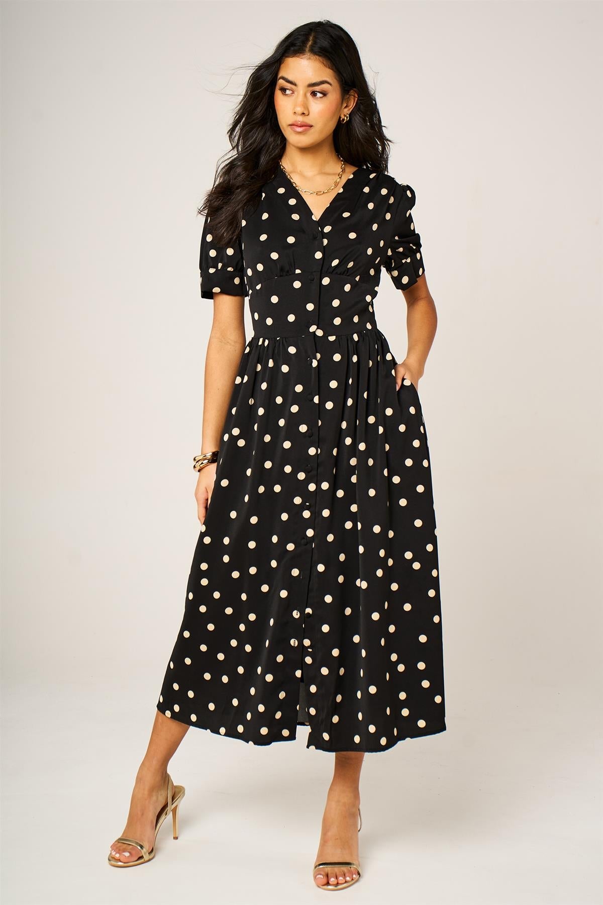 Dot Print Button Front Midi Dress In Black With Puff Sleeves