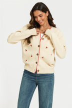 Red Trim Embroidered Cherry Knit Cardigan In Cream