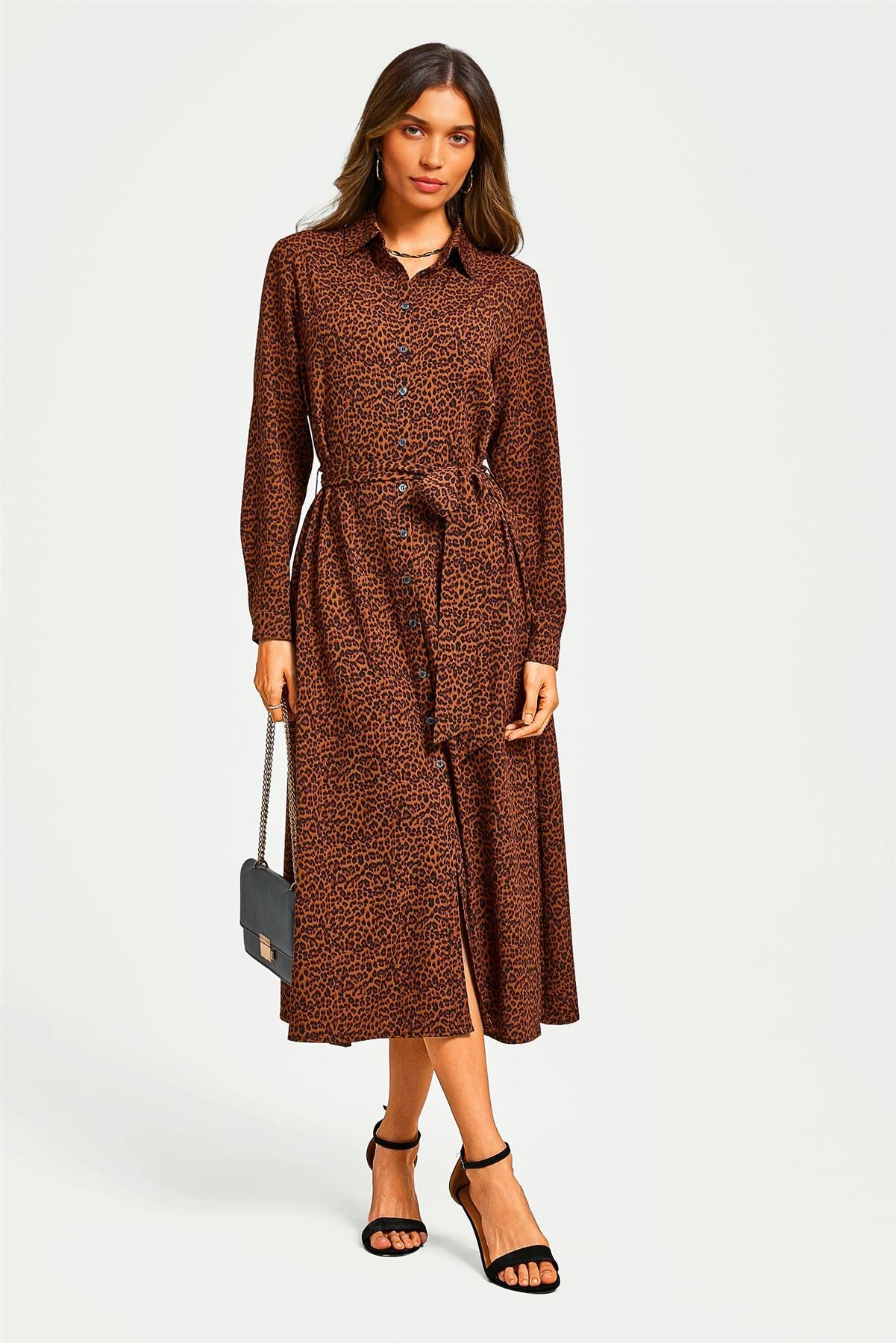 Brown Leopard Print Shirt Midi Dress With Tie Waist + Gold Stretch Leaf Belt