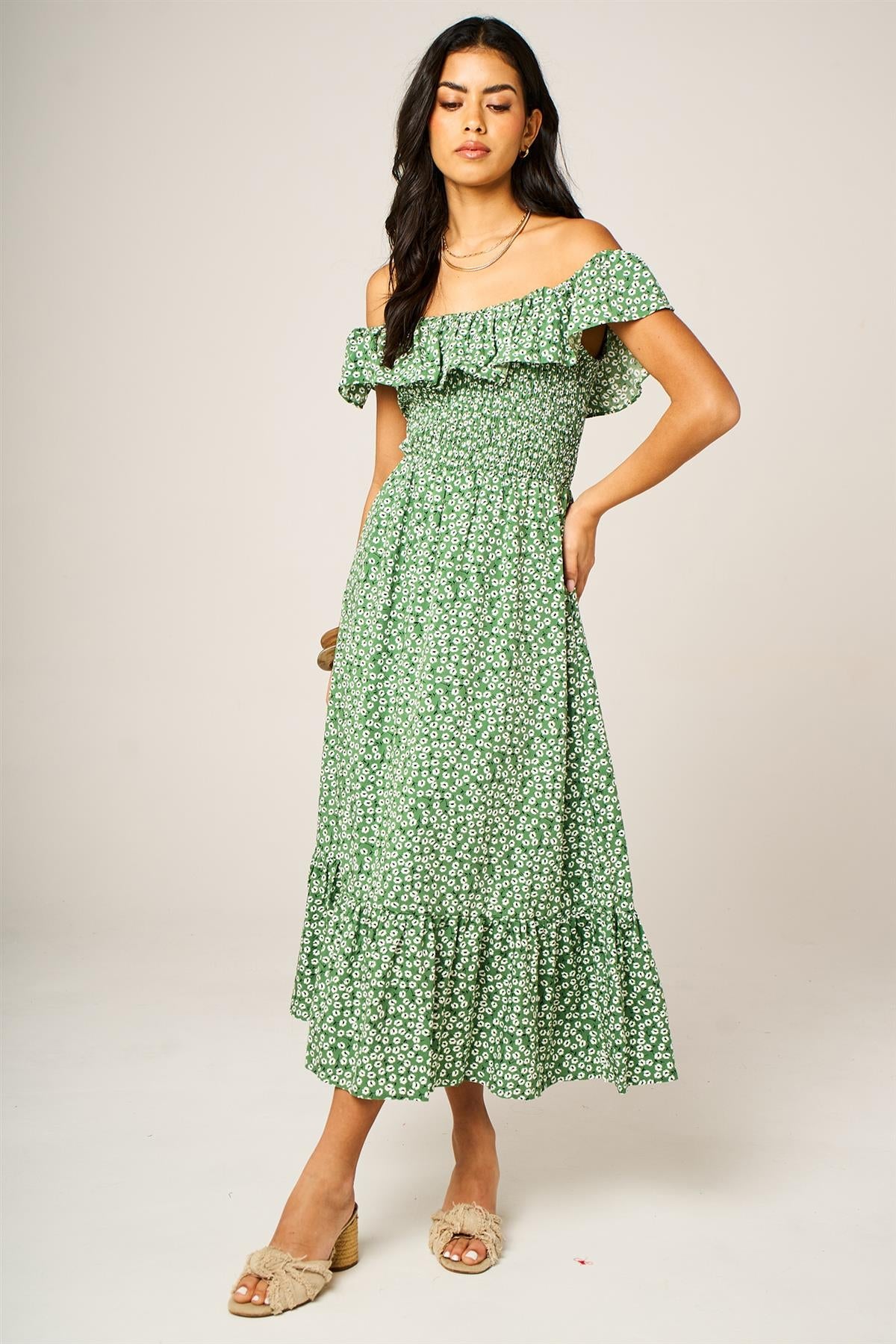 Little Floral Print Hem Frill Detail Bardot Midi Dress In Green
