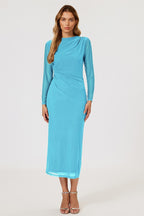 Long Sleeves Mesh Midi Dress In Aqua