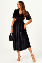 V Neck Velvet Midi Dress In Black