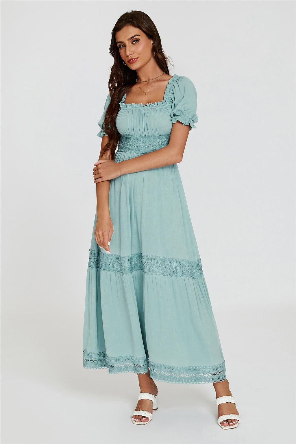 Lace Detail Bardot Maxi Dress In Blue