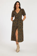 Floral Print Button Front Puff Sleeve Midi Dress In Black
