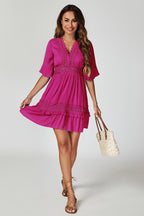 V Neck Lace Mini Dress In Fuchsia