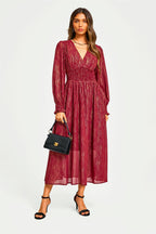 Gold Stripe Foil Long Sleeve Maxi Dress In Wine