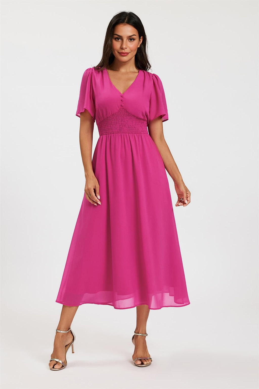 Fuchsia V Neckline Shirred Waist Midi Dress