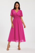 Fuchsia V Neckline Shirred Waist Midi Dress