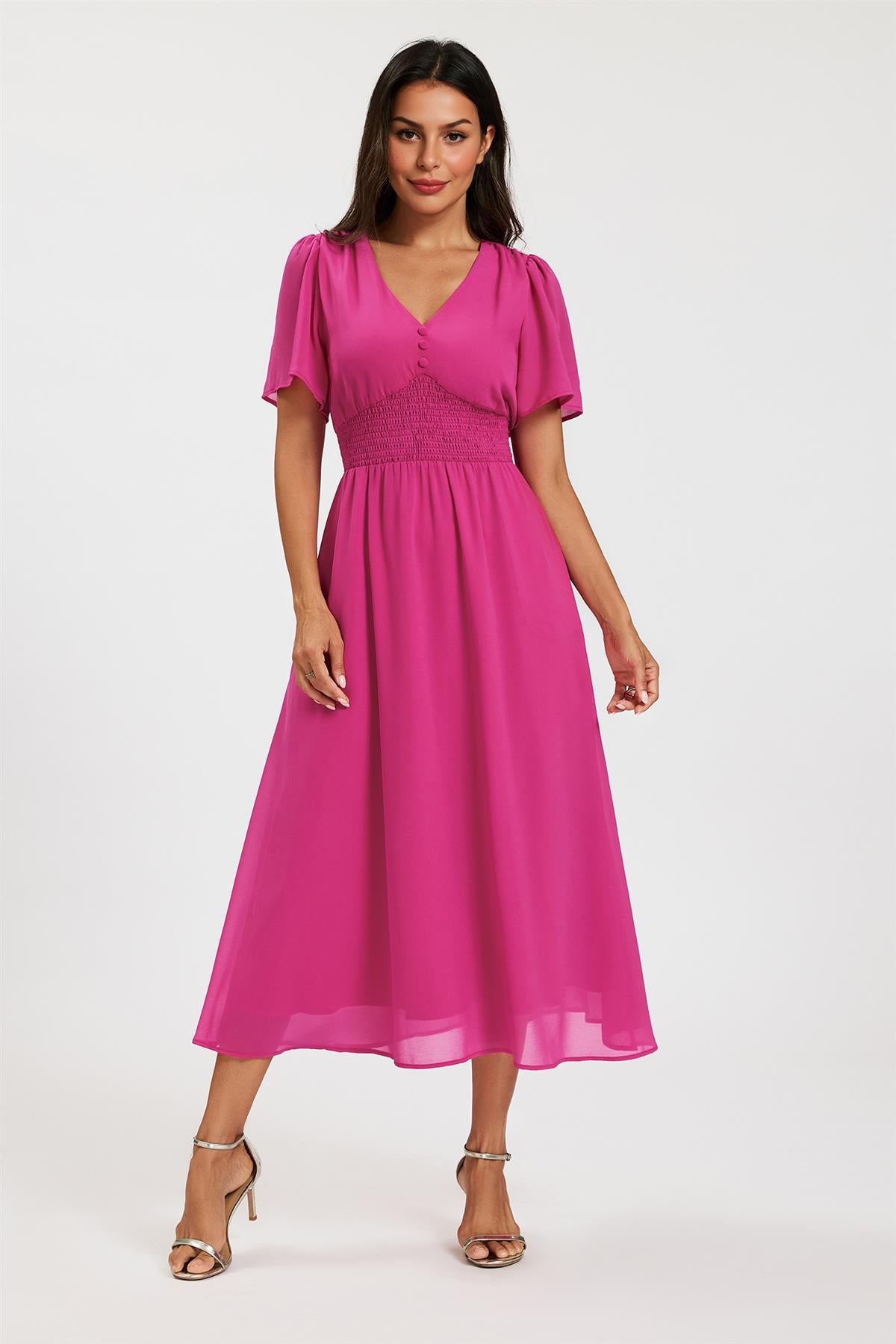 Fuchsia V Neckline Shirred Waist Midi Dress