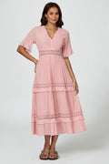 V Neck Lace Detail Midi Dress In Rose Nude
