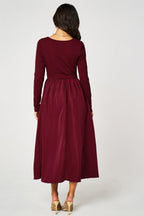 Burgundy Square Neck Button-Front Long Sleeve Midi Dress