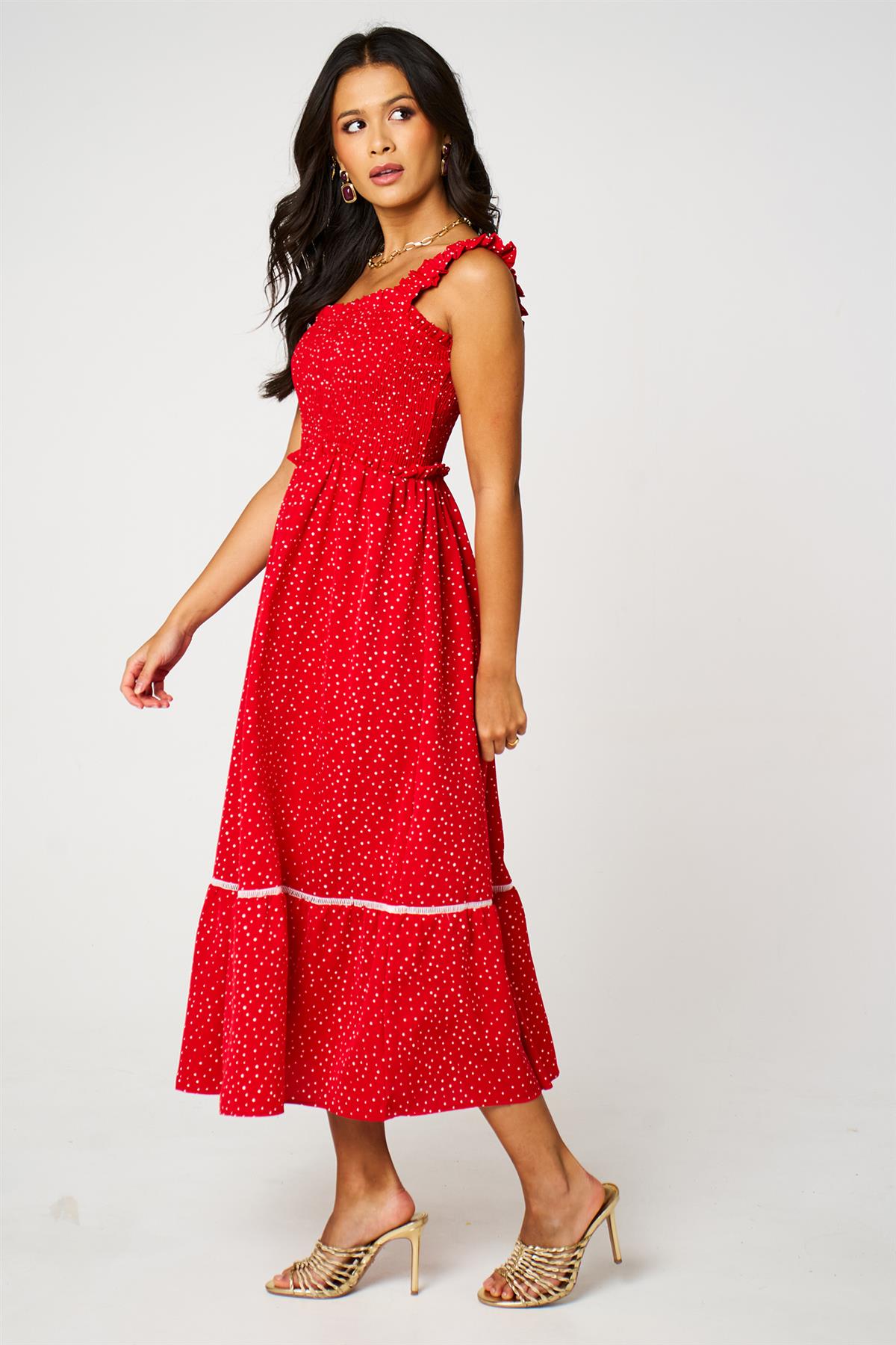 Dot Print Hem Detail Maxi Dress In Red