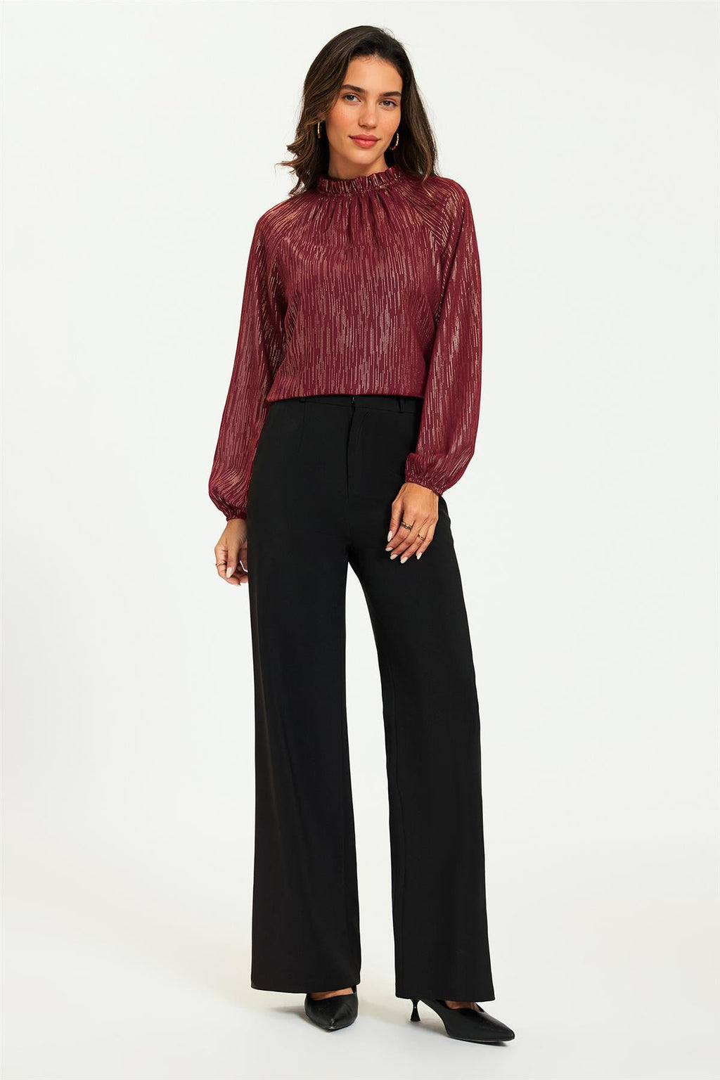 Gold Stripe Foil Long Sleeve Frill High Neck Top In Wine