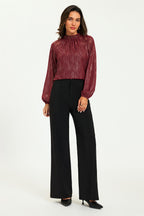 Gold Stripe Foil Long Sleeve Frill High Neck Top In Wine