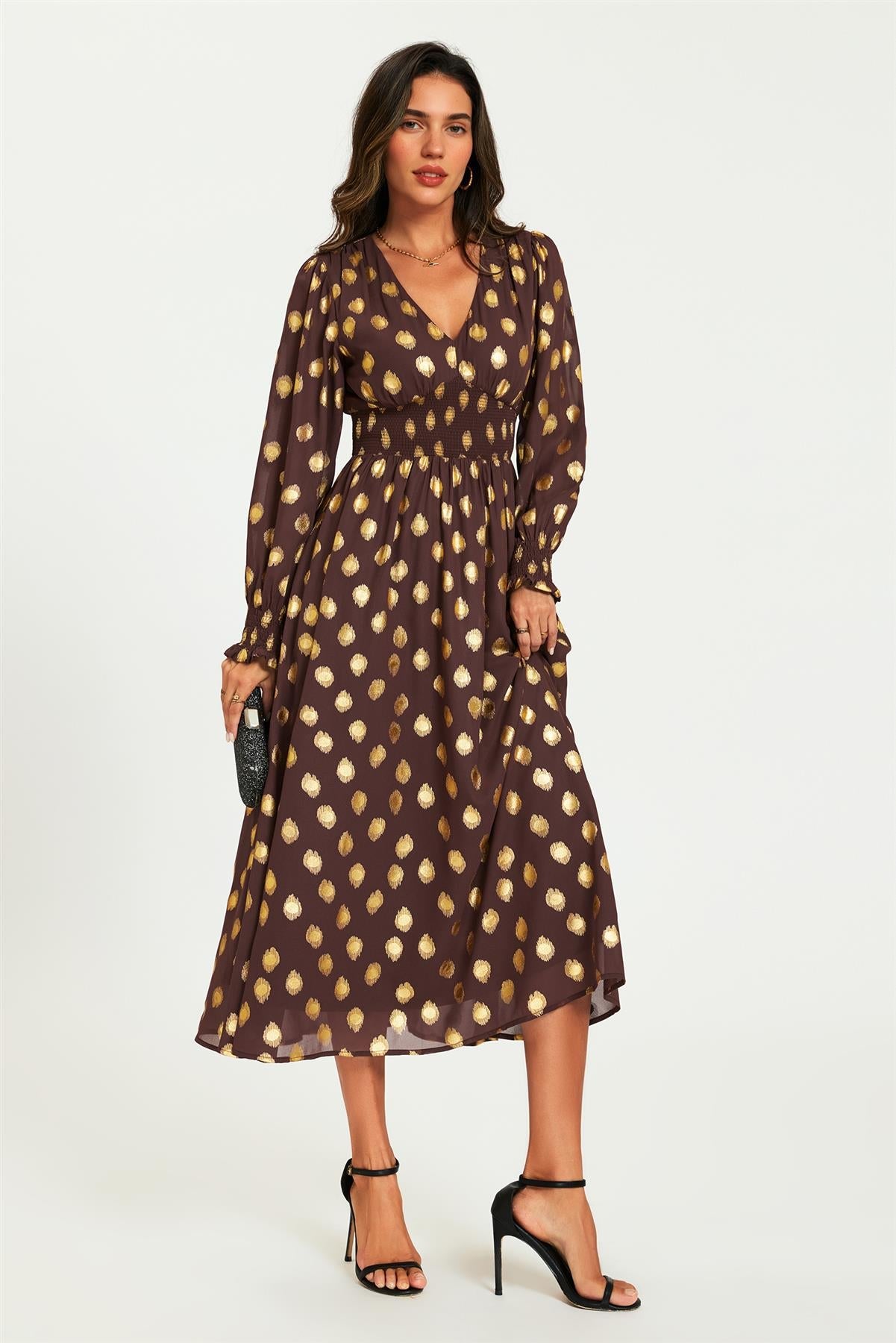 Gold Foil Long Sleeve Maxi Dress In Brown