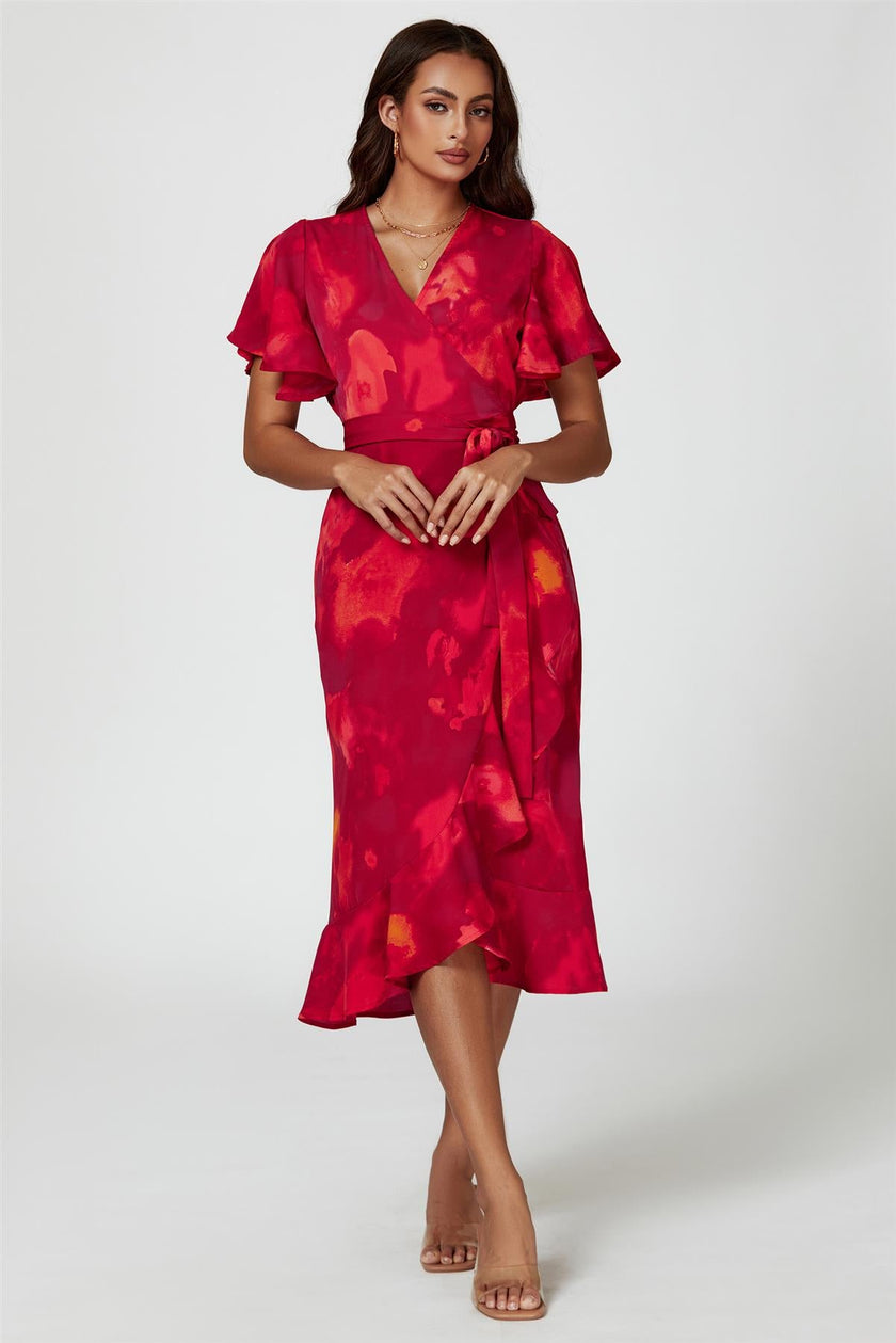 Robe midi portefeuille à manches ange et imprimé abstrait rouge