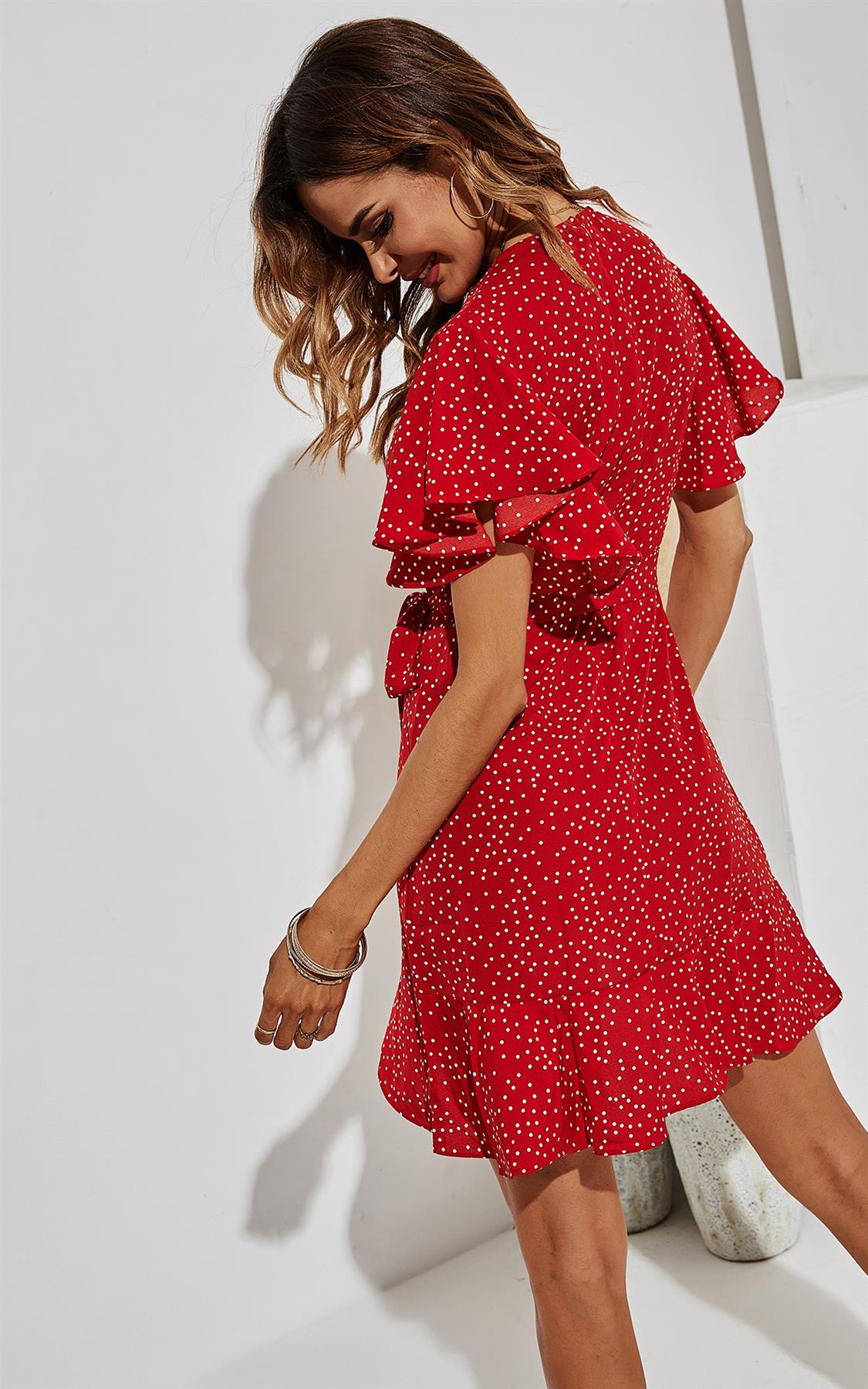 White Dot Summer Mini Wrap Dress In Red