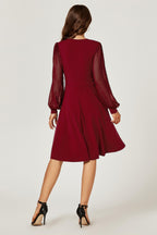 Long Sleeve Pleated Detail Midi Dress In Dark Red
