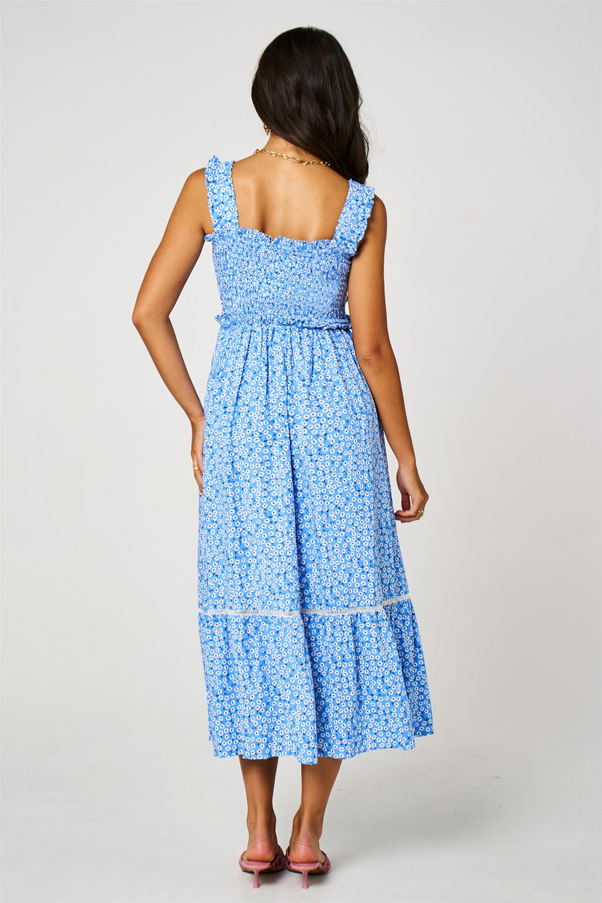Little Floral Print Hem Detail Maxi Dress In Blue