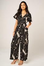 Bleach Effect Print Wrap Top Jumpsuit In Black
