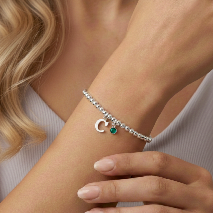 Personalised May Birthday Initial Letter & Birthstone Bracelet