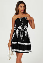 Printed Broderie Strapless Mini Dress In Black