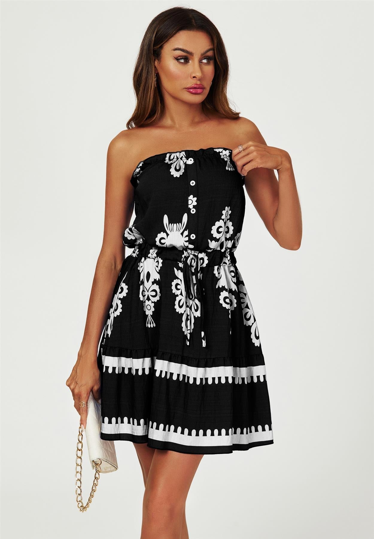 Printed Broderie Strapless Mini Dress In Black