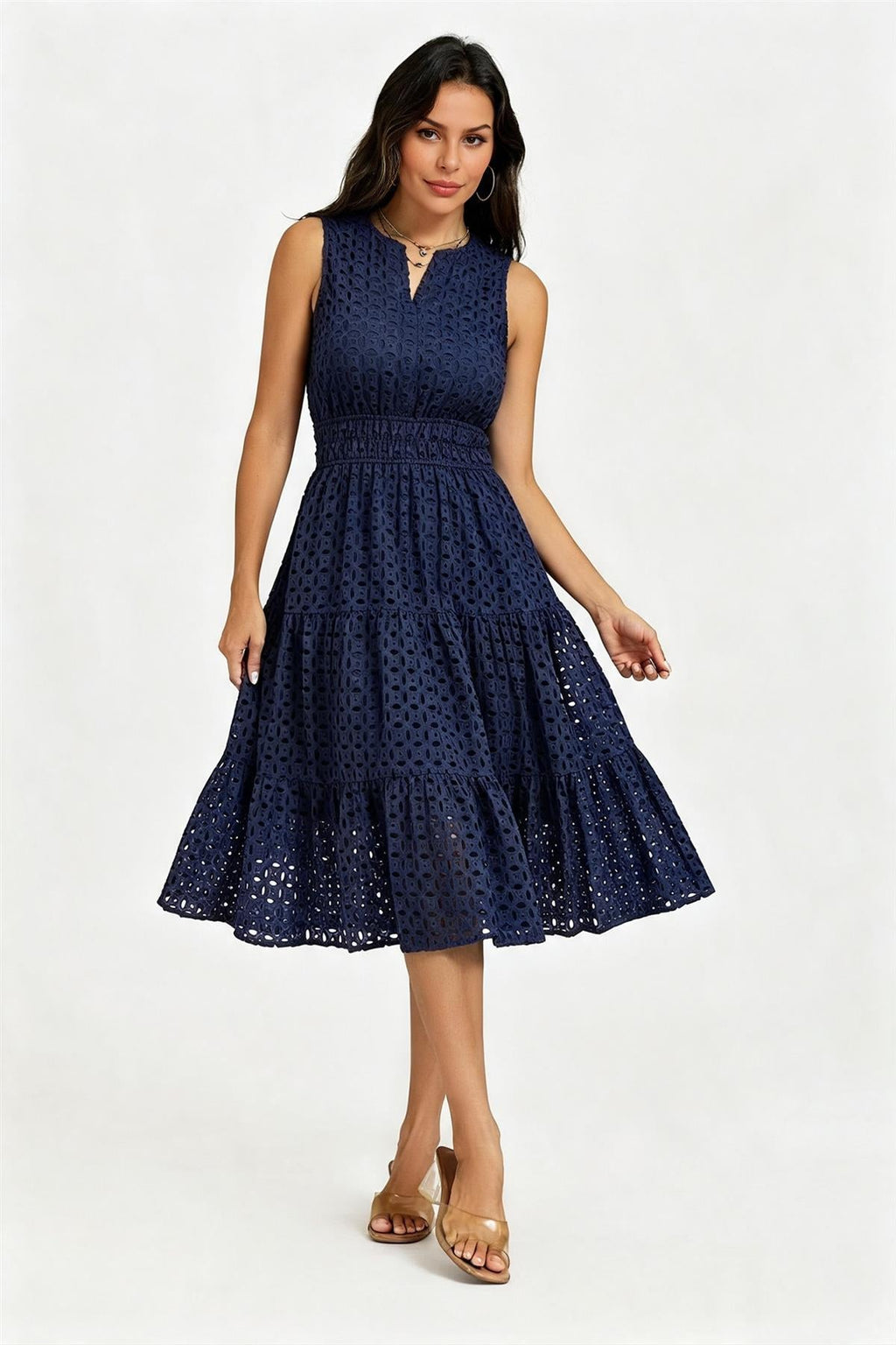 Sleeveless Broderie Anglaise Midi Dress In Navy