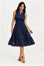 Sleeveless Broderie Anglaise Midi Dress In Navy