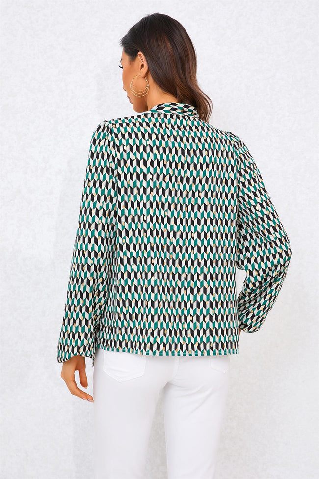 Geo Print Side Tie Blouse Top In Green