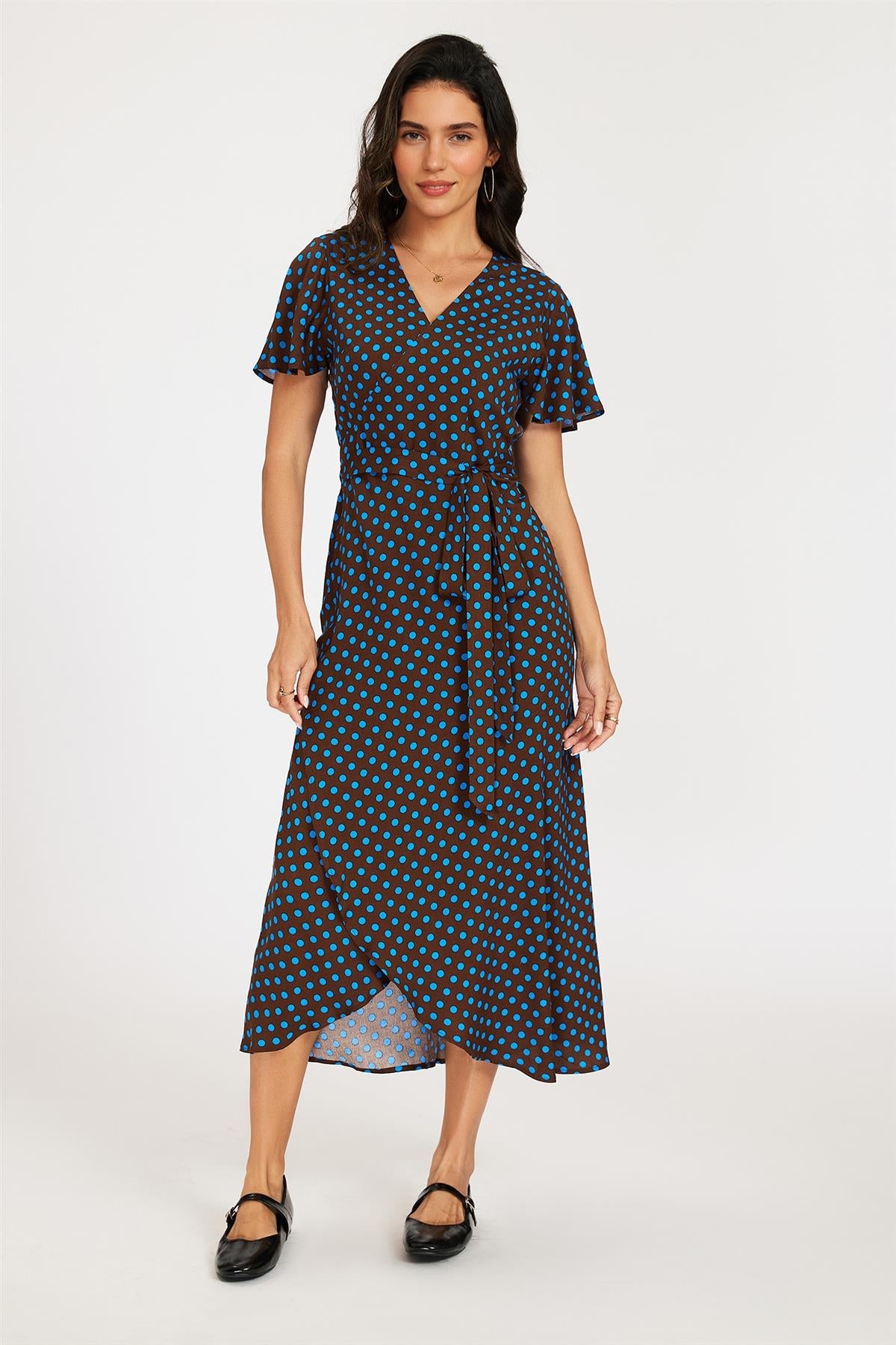 Brown & Blue Polka Dot Print Wrap Maxi Dress